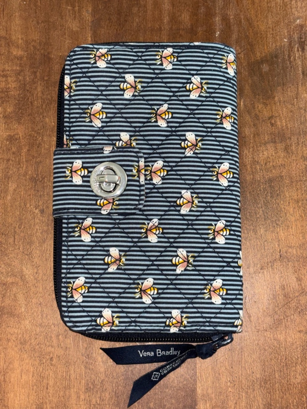 Vera Bradley Navy Striped Bee Print Turn Buckle Zip Wallet